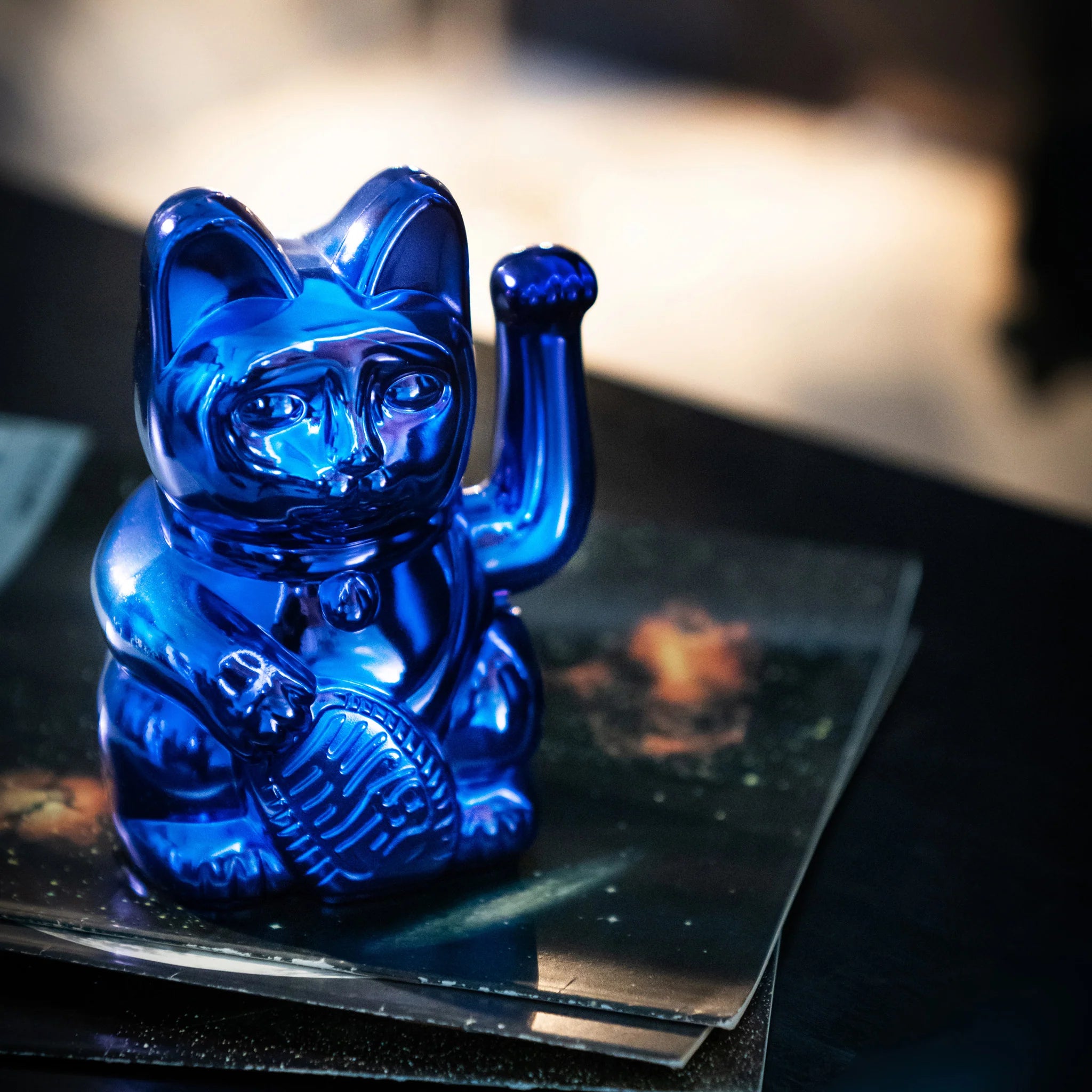Lucky cat - waving cat - cosmic - earth - shiny blue